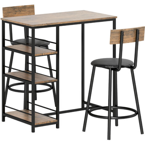 Table de bar avec tabourets, set 3 pièces, table de bar avec table de cuisine, 3 étagères, 2 chaises de bar, style moderne, ensemble repas pour salle à manger, cuisine, acier, chêne (1/5)
