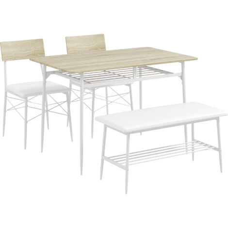Table à manger avec 2 chaises, banc, ensemble salle à manger 4 pièces, set de table de cuisine avec rangement pour 4 personnes, groupe salle à manger pour petits espaces, cuisine, salon, chêne (1/5)