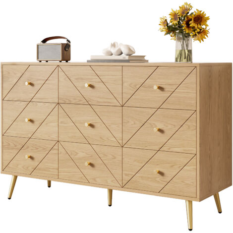 Commode moderne 9 tiroirs avec pieds en fer – Solution de rangement élégante pour chambre, salon et couloir – Construction robuste en panneaux de particules avec motifs géométriques raffinés et poigné (1/5)