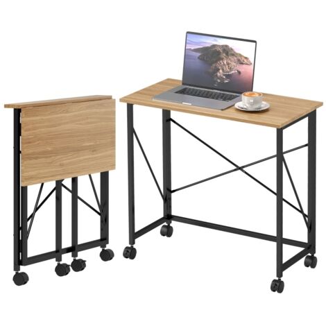 Bureau Pliable 80 cm Table Ordinateur à Roulettes Gain de Place pour Home Office, Chêne (1/5)