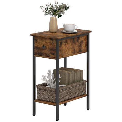 Table d'appoint avec compartiment ouvert et tiroir, table de chevet, pieds métalliques, bois, marron (1/5)