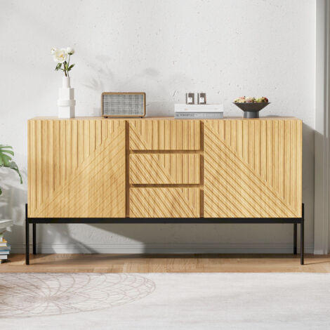Buffet 2 portes et 3 tiroirs, pieds en métal, meuble TV, commode design lignes, dimensions : H75 x L140 x P40 cm (1/5)