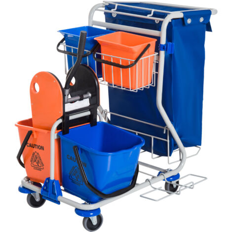 Chariot de nettoyage 4 seaux bleu et orange 100x70x103 cm (1/5)