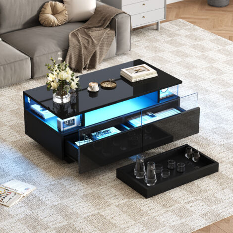 Table basse 90x45x35.5 cm avec plateau, table de salon brillante, table de canapé 2 tiroirs, table d'appoint en verre trempé, table à café LED, noir (1/5)