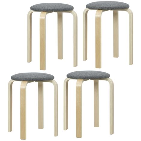 Lot de 4 tabourets de salle à manger empilables, tabourets ronds rembourrés en lin, pour cuisine, salon, gris (1/5)