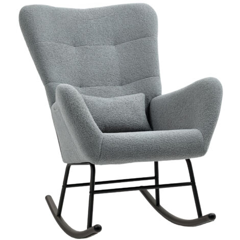 Fauteuil à bascule, fauteuil berçant en tissu effet teddy, accoudoirs, chaise à bascule avec patins en bois, coussin lombaire, fauteuil relax avec poche latérale pour salon, chambre, Gris (1/5)