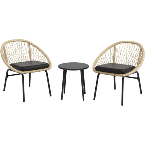 Set de Jardin en Rotin 3 Pièces, Mobilier de Balcon avec Table Basse & 2 Chaises, Ensemble Assise avec Coussin, Résistant aux Intempéries, Polyester, Jaune (1/5)