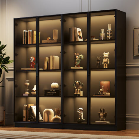 Vitrine en verre avec éclairage LED commandé par application, armoire de rangement à 4 portes avec étagères roulantes, meuble haut de salon, vitrine autoportante, armoire de salle de bain (1/5)