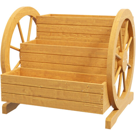 Jardinière Roue de Chariot 61x62x57 cm extérieur résistant à l'eau 3 niveaux avec trous de drainage en bois de pin teck (1/5)