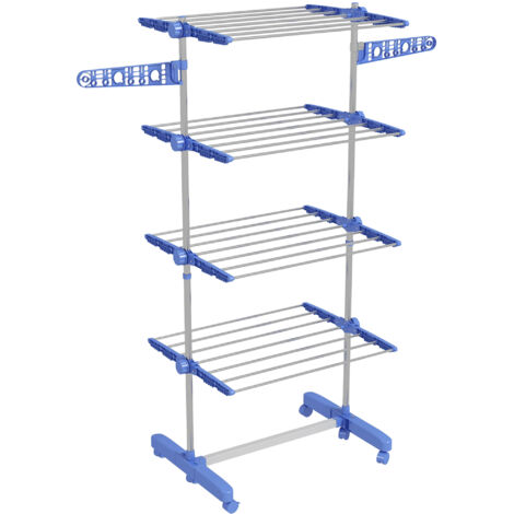 Sèche-linge sur roulettes Tour de séchage 2 niveaux Ailes pliantes Séchoir sur pied en acier bleu pour séchage gain de place (1/5)