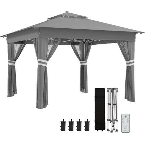 Pavillon pliant 3x3 m, tonnelle LED avec 4 moustiquaires, paroi latérale, abri de jardin avec lestable, double toit, sac de transport, gris foncé (1/5)