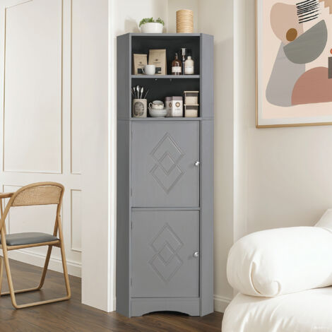 Meuble de salle de bain d'angle, deux compartiments de rangement, étagère ouverte avec tablette réglable, 36,5 x 36,5 x 155 cm, gris clair (1/5)