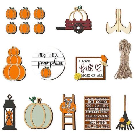 Panneau en bois représentant un camion avec une citrouille et une feuille d'érable, idéal pour l'automne et la fête de Thanksgiving. (1/5)