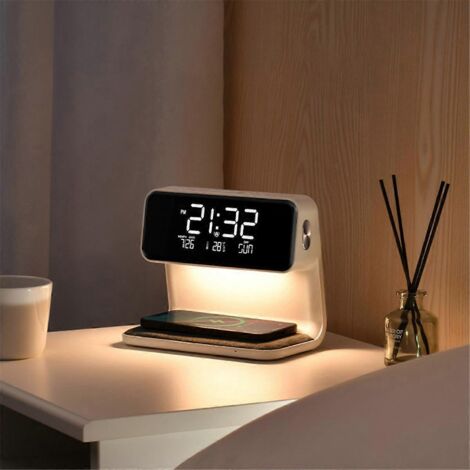 Réveil avec chargement sans fil et lumières pour chambre à coucher, table de chevet --- (1/5)