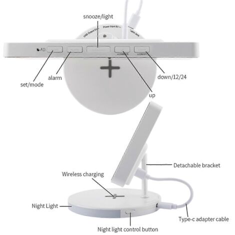 Réveil numérique avec chargement sans fil, horloge LED blanche à effet miroir --- (1/5)