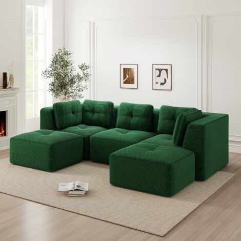 Canapé modulaire sans cadre pour salon, sectionnel avec pouf, 3 places en velours côtelé, assise profonde, montage non requis, vert (1/5)