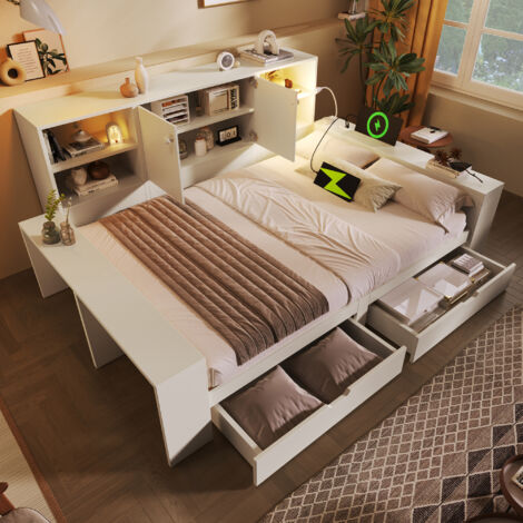 Lit coffre 140x200 cm blanc – Canapé-lit avec tiroirs et rangement, sommier en bois doté de doubles portes & ports USB/USB-C – lit deux places gain de place et lit adolescent (sans matelas) (1/5)