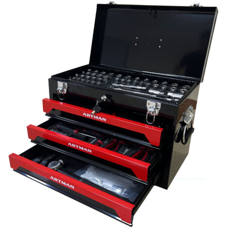 Coffre à outils portable trois niveaux, quatre étages, outils, barre métallique, compartiment supérieur et accessoires. Idéal pour garage, appartement ou établi, noir et rouge (1/5)