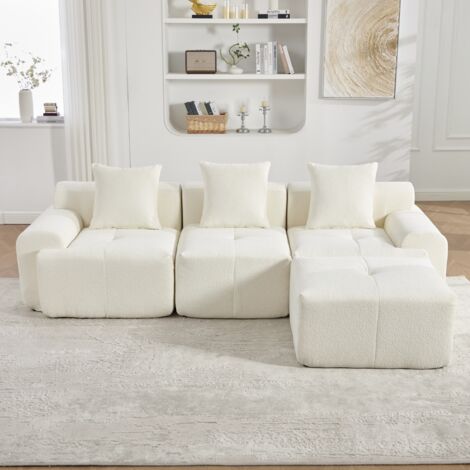 Canapé d'angle moderne en forme de nuage, modulaire sans os, avec pouf, beige, 3 places, mousse à mémoire compressée, prêt à monter – Dimensions : 268×102×78 cm (1/5)