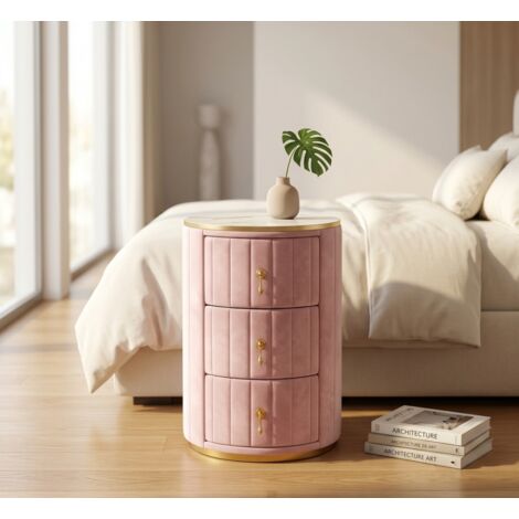 Table de nuit 3 tiroirs, table de chevet ronde en velours capitonné avec plateau marbre et quincaillerie dorée, meuble de rangement moderne pour chambre, salon rose (1/5)