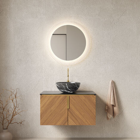 76 cm support mural lavabo salle de bain avec vasque céramique noire à motif pierre, plan de travail en pierre frittée noire, meuble contreplaqué 2 portes couleur chêne brun veinage bois