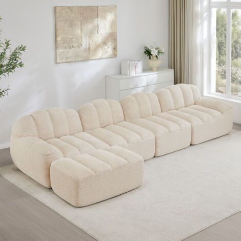 Canapé modulaire 4 places avec 1 pouf, forme coquille, canapé sans os en mousse haute densité 32D, assise profonde, idéal pour salon, tissu doux, beige blanc (1/5)