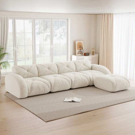 Canapé d'angle modulaire 4 places, fauteuil en forme de L pour salon, dessous antidérapant, montage non nécessaire, repose-pieds inclus, blanc (1/5)