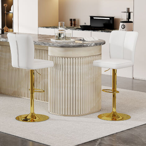 Lot 2 tabourets de bar réglables en hauteur, pivotants à 360°. Tabouret de bar de luxe blanc et or en similicuir imperméable, idéal pour îlot de cuisine. Disponible en plusieurs coloris. (1/5)