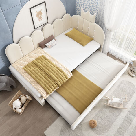 Canapé-lit 90x200 cm avec lit escamotable 90x190 cm, forme en L, velours beige, motif couronne et treillis, gain de place pour chambre enfant, chambre d'amis, sans matelas (1/5)