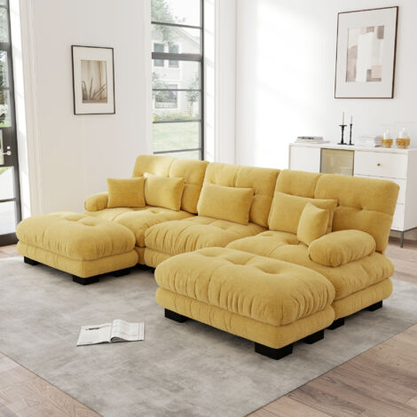 Canapé d'angle modulaire de luxe - Grand canapé nuage en forme de U pour salon, canapé-lit convertible à assise profonde avec pouf, Jaune (1/5)