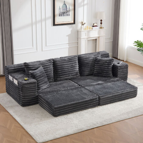Canapé en velours côtelé avec dossier haut, coussins supplémentaires, poches latérales et porte-gobelets, modulable en canapé-lit, rembourrage moelleux pour un confort maximal, gris foncé (1/5)