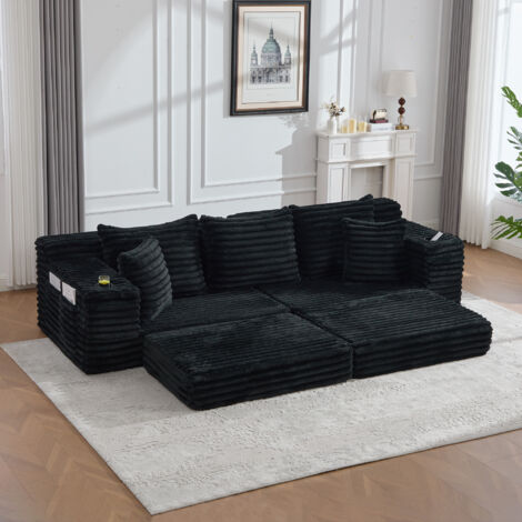 Canapé en velours côtelé avec fonction compression d’assise, dossier haut & coussins supplémentaires, poches latérales et porte-boissons, convertible en canapé-lit, rembourrage doux pour confort, noir (1/5)