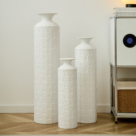 Lot de 3 Vases de Sol Métalliques Blancs, Grands Vases Debout Texturés Faits Main, Vases Décoratifs Modernes pour Salon, Couloir, Entrée, Hauteur 50/65/85 cm (1/5)