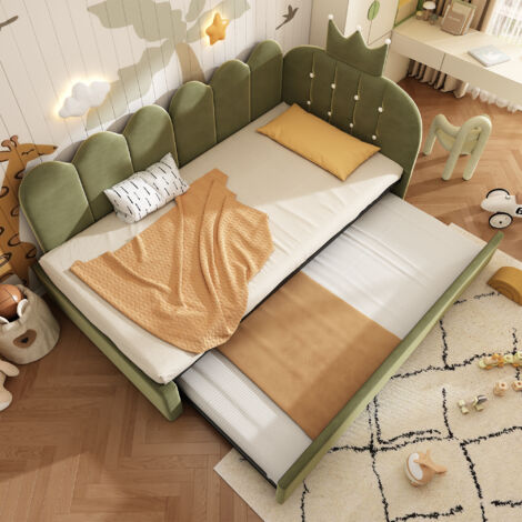 Canapé-lit 90x200 cm avec lit escamotable, 90x190 cm lit simple invité, forme L, velours vert, motif couronne et treillis, gain de place pour chambre enfant, chambre d'amis, sans matelas (1/5)