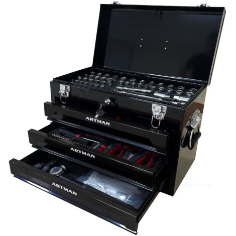 Mallette 3 couches portable, outillage 4 niveaux, verrous métalliques, compartiment supérieur et accessoires - Noir, pour garage, appartement ou établi (1/5)
