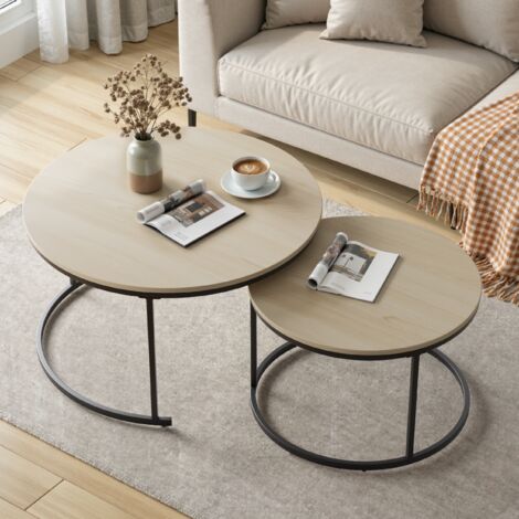 Zweiteiliges, ineinander schiebbares Couchtisch-Set, Eichenfurnier, runder Couchtisch mit einem Durchmesser von 80 cm, Metallgestell, moderner Stil, geeignet für Wohnzimmer, Schlafzimmer, Balkon. (1/5)
