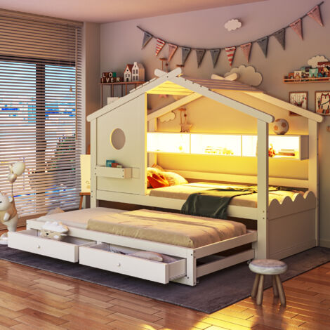 Lit enfant 90x200 cm avec lit escamotable 90x190 cm, design en forme de maison, tiroirs intégrés, ports de charge USB et Type-C, éclairage LED, étagères, lit multifonction, blanc (1/5)