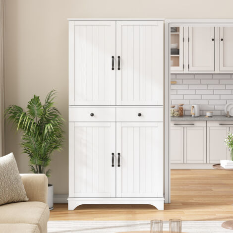 Armoire haute avec étagères réglables et tiroirs, bibliothèque à tablettes coulissantes et portes de réfrigérateur, idéale pour salle à manger, salon et cuisine (Blanc) (1/5)