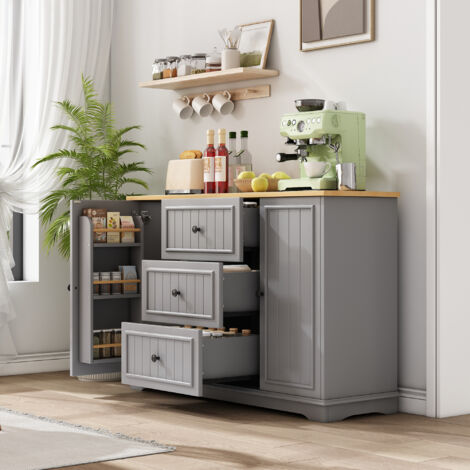 Buffet moderne, élégant avec 3 tiroirs et portes imitation frigo, meuble de rangement pour salle à manger, salon et entrée (Gris) (1/5)