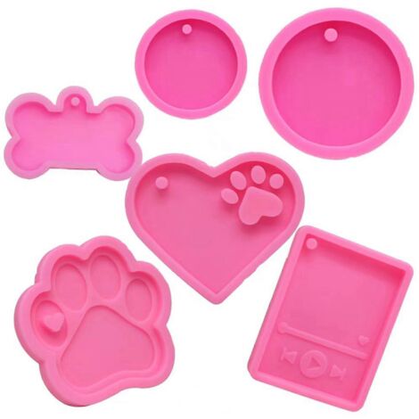 6 moules ronds en silicone pour porte-clés en forme de cœur ou d'os, avec pendentif. (1/5)