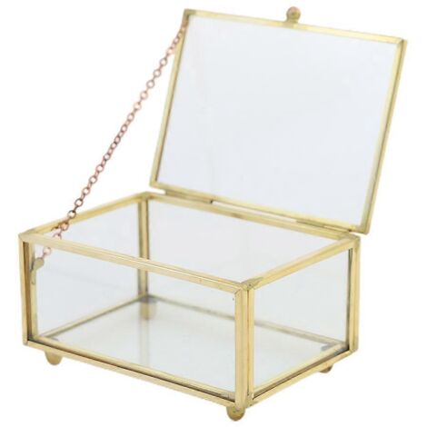 Boîte à bijoux rectangulaire géométrique en verre et métal doré vintage (1/5)