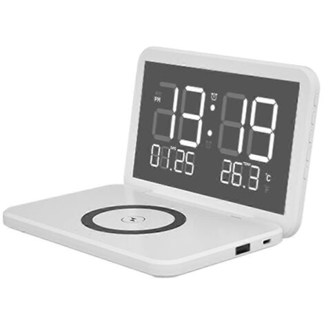 Réveil à chargement sans fil avec affichage calendrier/température/effet miroir LED (1/5)