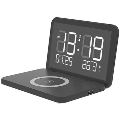 Réveil à chargement sans fil avec affichage calendrier/température/effet miroir LED (1/5)