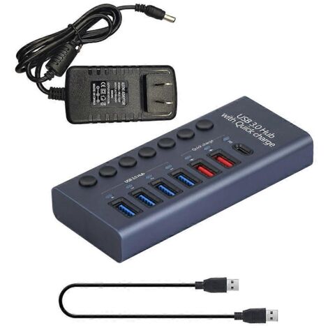 Hub USB 7 ports - Hub USB 3.0 - Répartiteur en aluminium - Adaptateur secteur 12 V 3 A 36 W - US (1/5)