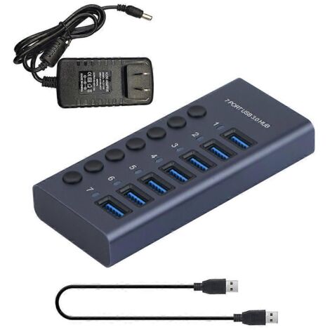 Hub USB 3.0, répartiteur USB 7 ports, expandeur USB 7 ports, adaptateur secteur 12 V, 5 Gbit/s, USB 3.0 - États-Unis (1/5)