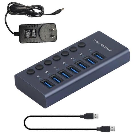 Hub USB 3.0, répartiteur USB 7 ports, expandeur USB 7 ports, adaptateur secteur 12 V, 5 Gbit/s, USB 3.0-AU- (1/5)