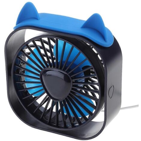 Ventilateur de bureau USB, mini ventilateur de bureau, 3 vitesses de rotation, ventilation puissante, motif oreilles de chat, bleu (1/5)