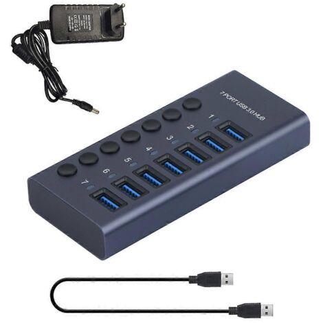 Hub USB 3.0, répartiteur USB 7 ports, expandeur USB 7 ports, adaptateur secteur 12 V, 5 Gbit/s, USB 3.0 - UE (1/5)