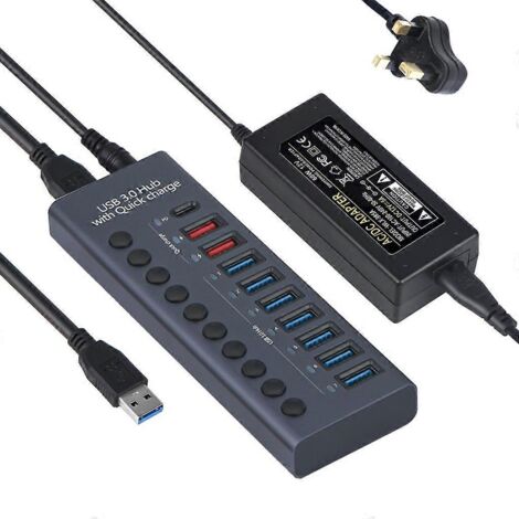 Hub USB 10 ports - Hub USB 3.0 - Répartiteur en aluminium - Adaptateur secteur 12 V 5 A 60 W - Royaume-Uni (1/5)