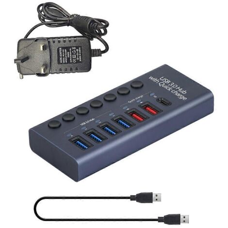 Hub USB 7 ports - Hub USB 3.0 - Répartiteur en aluminium - Adaptateur secteur 12 V 3 A 36 W - Royaume-Uni (1/5)
